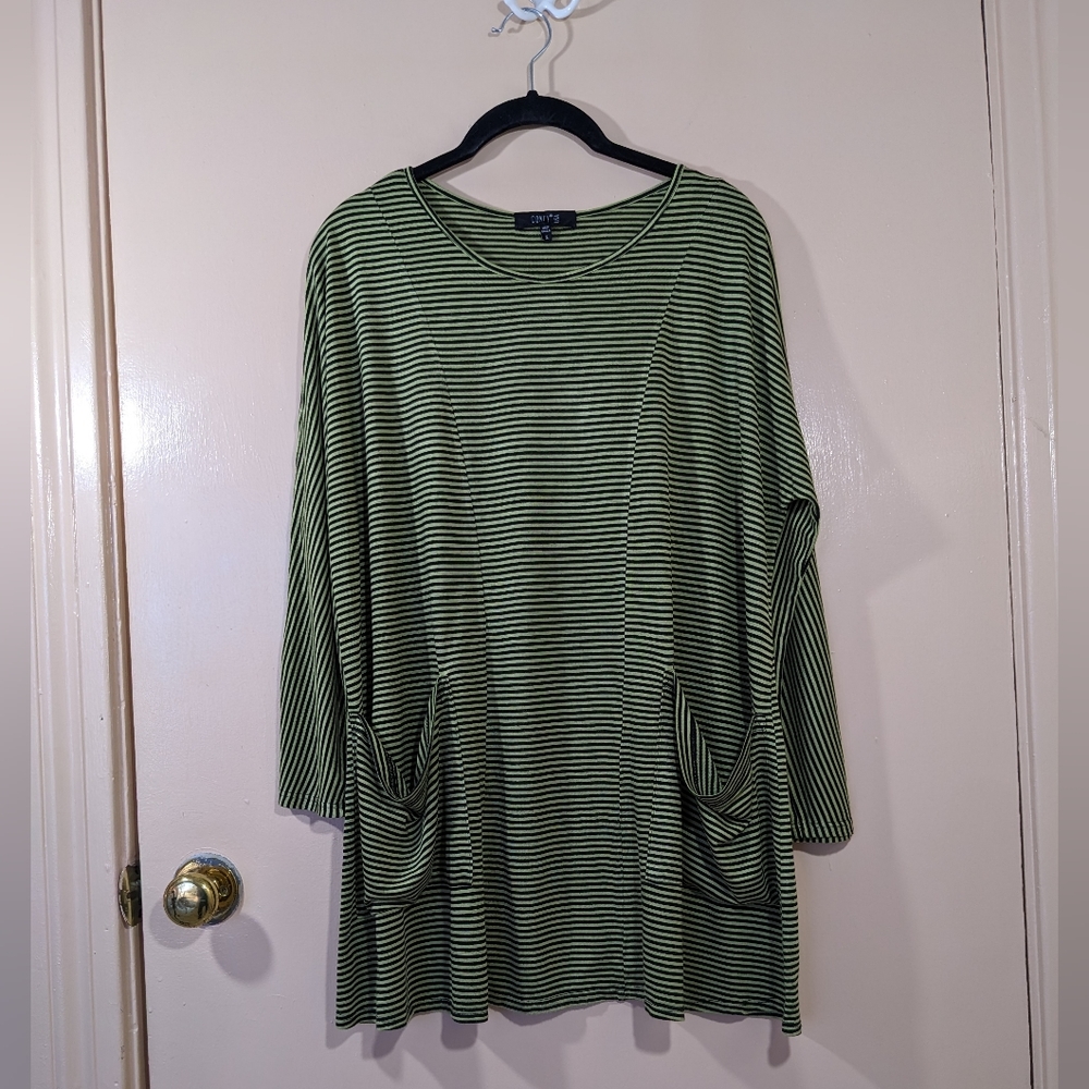 Comfy USA lime green and black microstripe knit tunic, oversized women's S